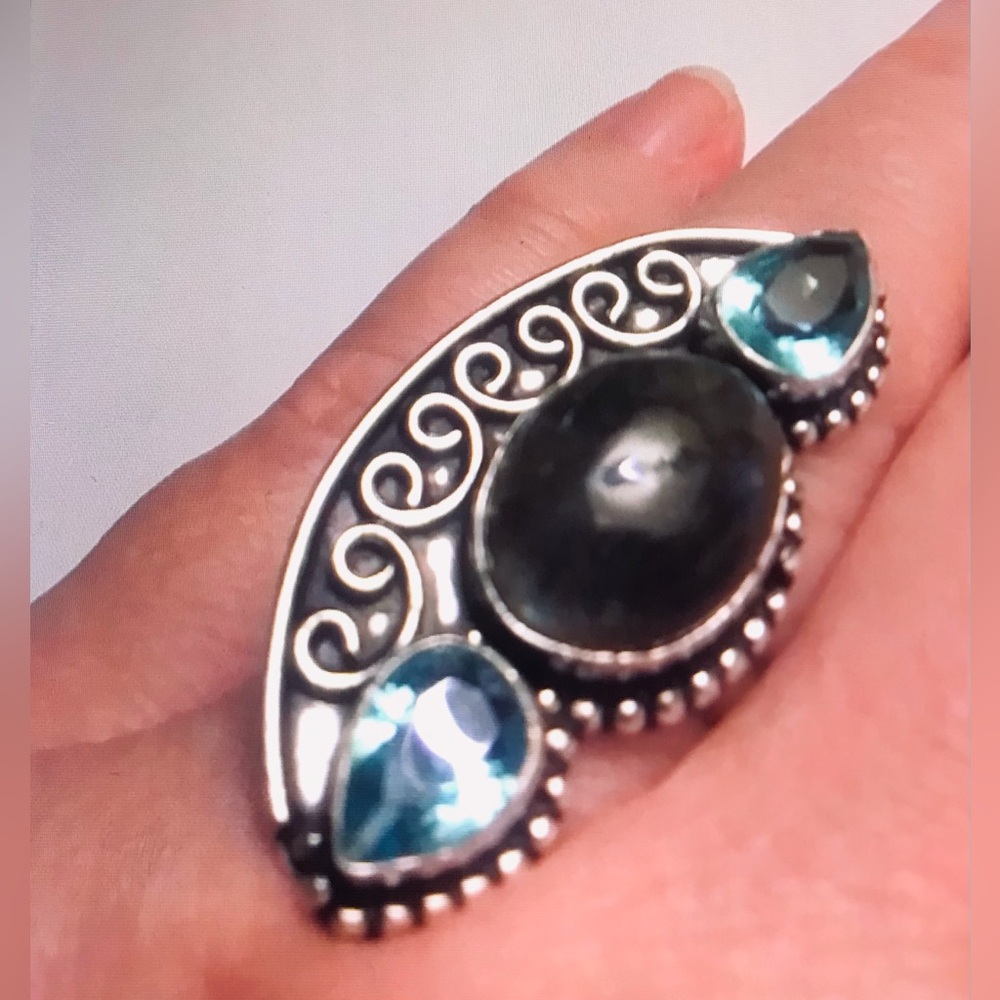 Labradorite Blue Topaz Stamped 925 Sterling Silver Ring